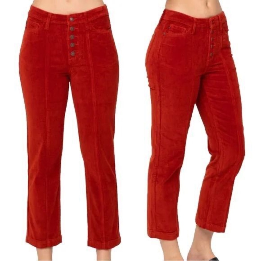 NWT Judy Blue Corduroy Pants Size 9/29 Ankle Straight High Rise Cropped Rust Red - Picture 11 of 11